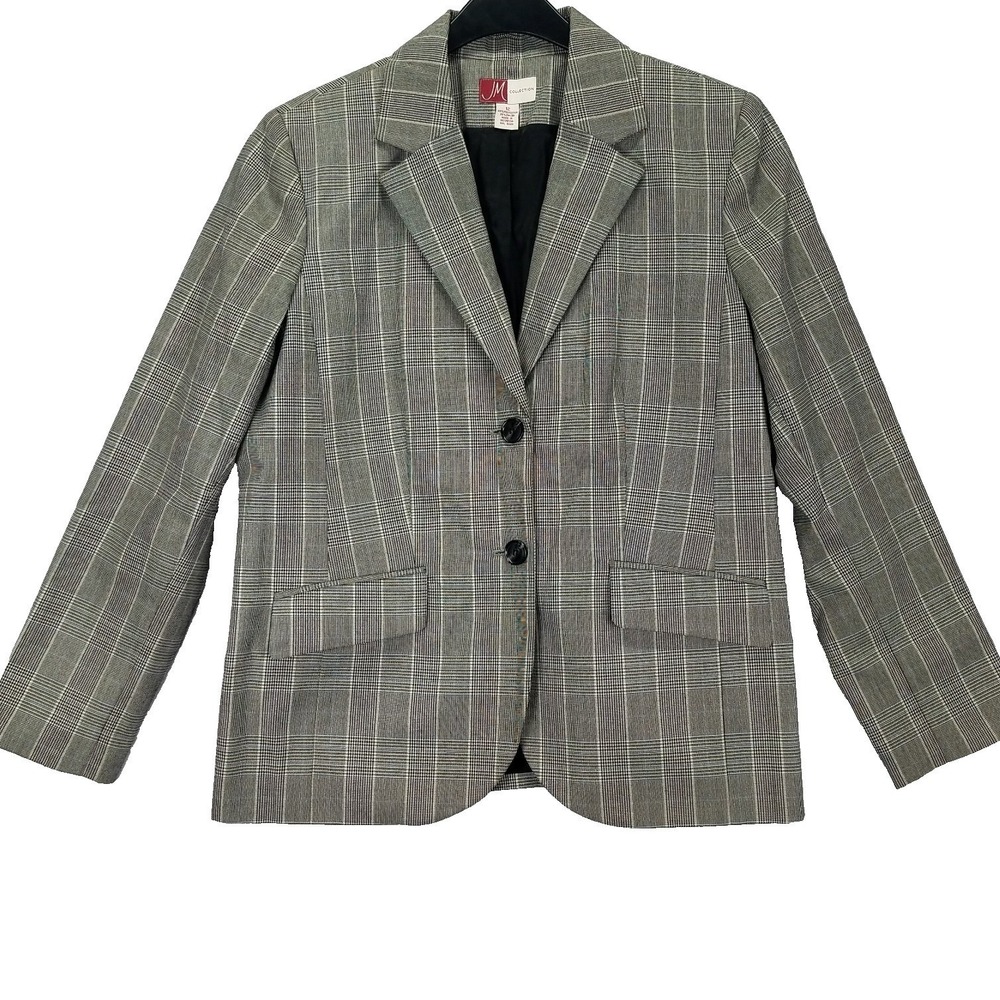 JM Collection Blazer Women Sz 12 Gray Glen Plaid Jacket Y2K Academia Office Work